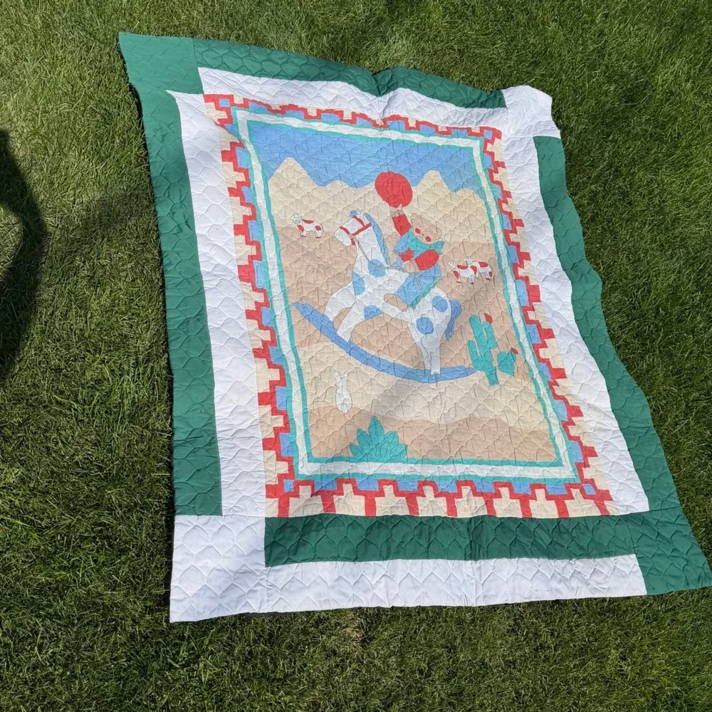 A+ cute rare Handmade Reversible Quilt Western Cowboy & Tropical Palm Tree 55x45